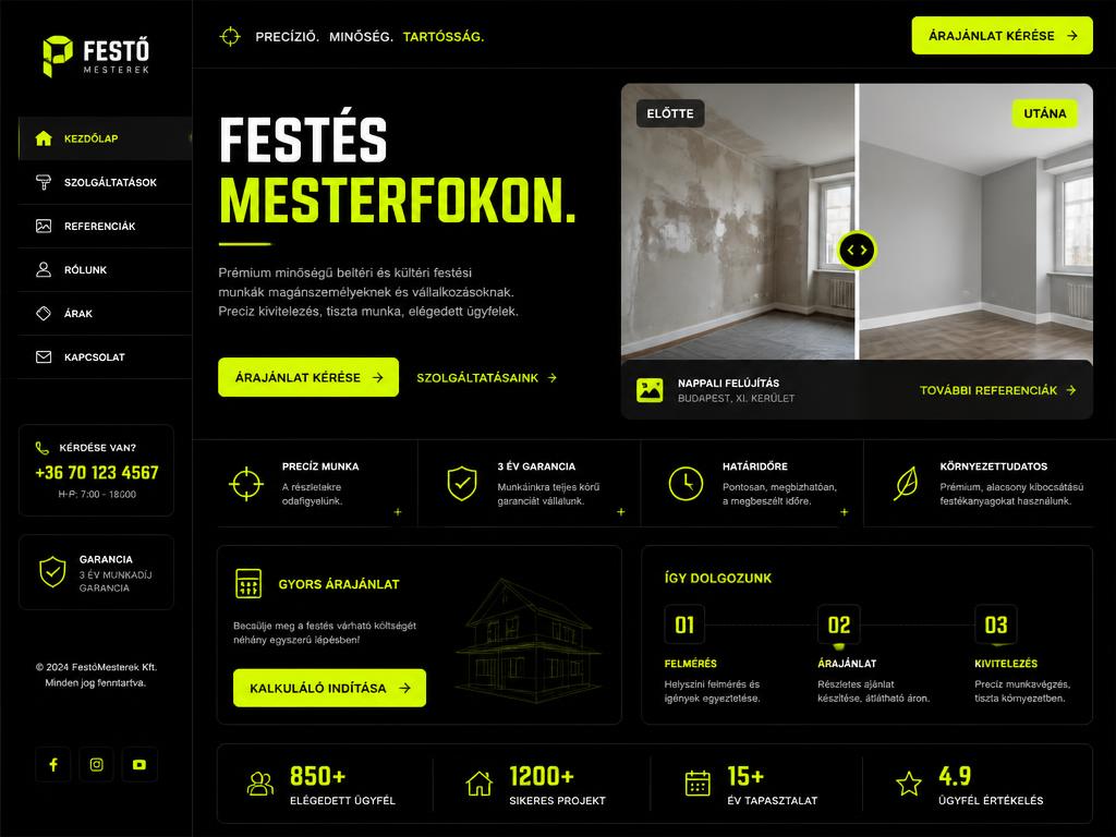 Szobafestők Budapest — élő példa — Festő vállalkozás weboldala referenciákkal és ajánlatkéréssel (Építőipar minta)